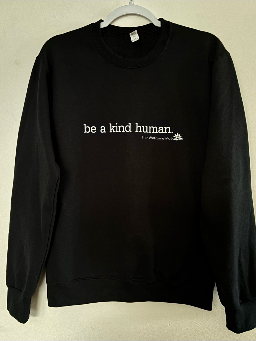 Jerzees Black Crewneck Sweatshirt with White "be a kind human." Text